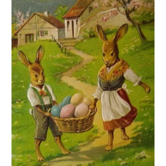Easter Postcard Fantasy Dressed Rabbits Bunnies Painted Eggs BW 313 German 1909 - Picture 1 of 3